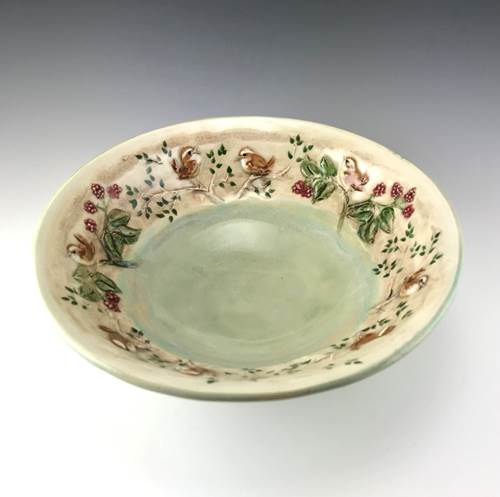 Wrens and Raspberries Bowl by Jen Stein – Outside the Lines Art Gallery