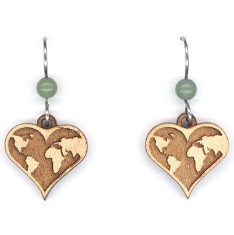 Natural Harmony World Heart Lasercut Wood Earrings by Woodcutts